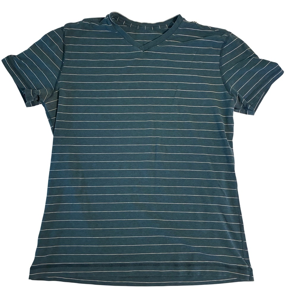 Lululemon Mens V-Neck Striped Short Sleeve Tee Teal Blue Performance Shirt XL
